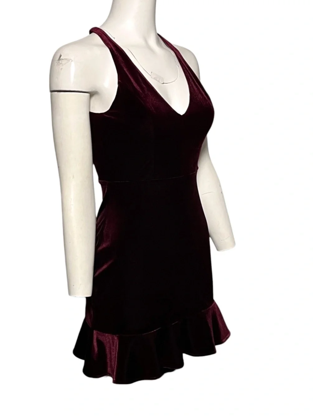 Amanda Uprichard Velvet Mini Dress Small Burgundy Open Back Racer Ruffle Hem